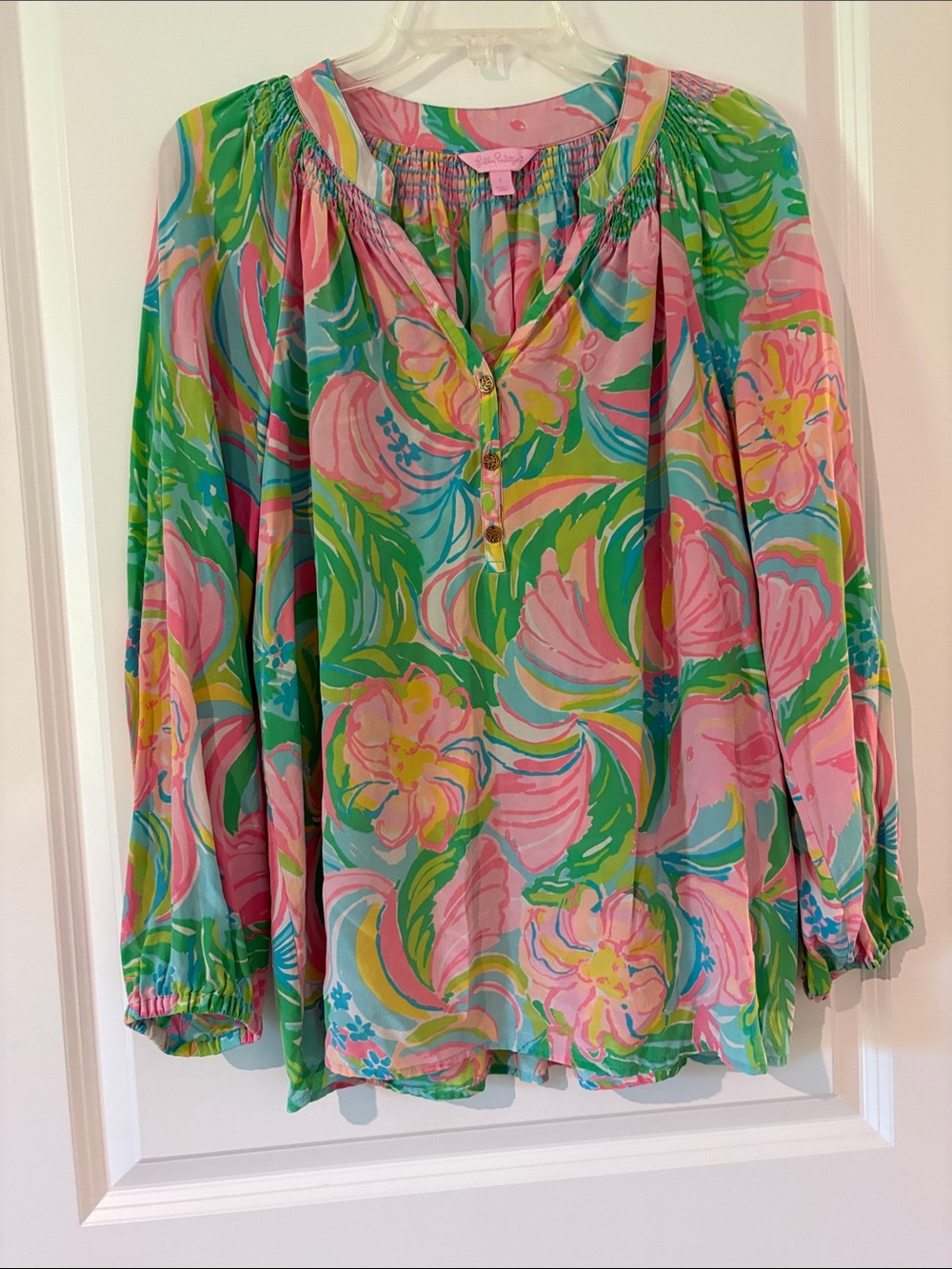 Lilly Pulitzer Pink, Green & Blue Floral Long Sleeve Peasant Top